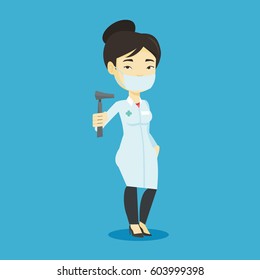 Asian ear nose throat doctor holding medical tool. Young doctor in medical gown and mask with tools used for examination of ear, nose, throat. Vector flat design illustration. Square layout.