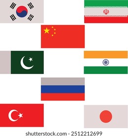Asian Eight Countries Flags With White Background.