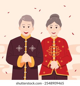 Asian elderly couple wearing traditional chinese clothes, chinese new year celebration, flat hand drawn style