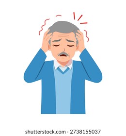 Asian Elderly Man Suffering from Severe Headache Holding Head with Hands Feeling Pain and Stress