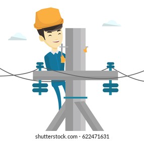 Asian electrician working on electric power pole. Electrician at work on electric power pole. Electrician repairing electric power pole. Vector flat design illustration isolated on white background.