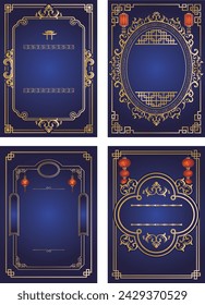 Asian elements. Chinese festive gold traditional symbols, lanterns, clouds and frame. Oriental new year graceful lines and silhouette golden objects vector