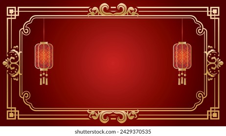 Asian elements. Chinese festive gold traditional symbols, lanterns, clouds and frame. Oriental new year graceful lines and silhouette golden objects vector