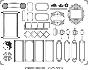 Asian elements. Chinese festive gold traditional symbols, lanterns, clouds and frame. Oriental new year graceful lines and silhouette golden objects vector