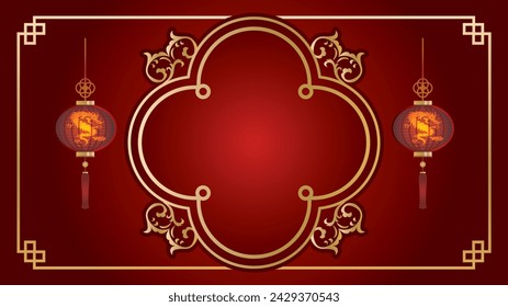 Asian elements. Chinese festive gold traditional symbols, lanterns, clouds and frame. Oriental new year graceful lines and silhouette golden objects vector