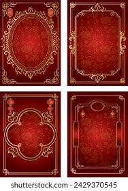 Asian elements. Chinese festive gold traditional symbols, lanterns, clouds and frame. Oriental new year graceful lines and silhouette golden objects vector