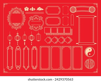 Elementos asiáticos. Símbolos tradicionales chinos de oro festivo, linternas, nubes y marco. Líneas elegantes del año nuevo oriental y vector de objetos de oro de silueta