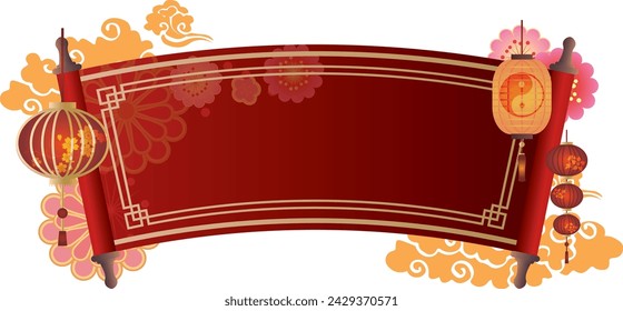 Asian elements. Chinese festive gold traditional symbols, lanterns, clouds and frame. Oriental new year graceful lines and silhouette golden objects vector