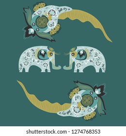 asian elements decoration fish and elephants