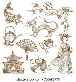 Asian elements hand drawn monochrome set with sakura and dragon pagoda girl in kimono isolated vector illustration