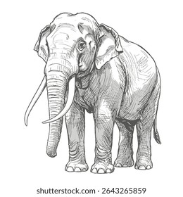 Elefante Asiático - Elephas maximus. Elefante com presas longas fica orgulhosamente no chão com força. Conceito de esboço de vida selvagem