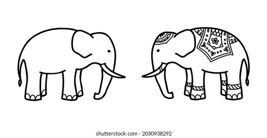 Asian Elephant Hand Drawn Isolated Illustration. Side view of Indian Ethnic Elephant