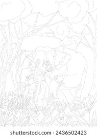 Asian elephant thailand line art drawing for adult and kids coloring book