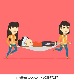Asian emergency doctors transporting victim after accident on the stretcher. Team of emergency doctors carrying injured woman on medical stretcher. Vector flat design illustration. Square layout.
