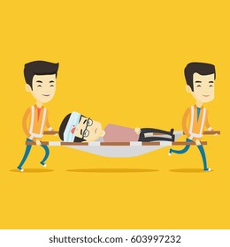 Asian emergency doctors transporting victim after accident on the stretcher. Team of emergency doctors carrying injured young man on medical stretcher. Vector flat design illustration. Square layout.