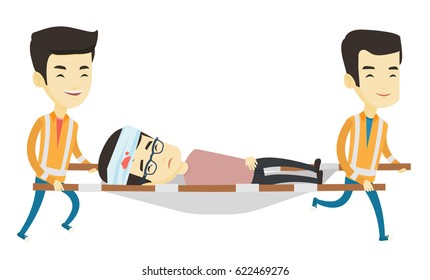 Asian emergency doctors transporting victim on the stretcher. Team of emergency doctors carrying injured young man on medical stretcher. Vector flat design illustration isolated on white background.