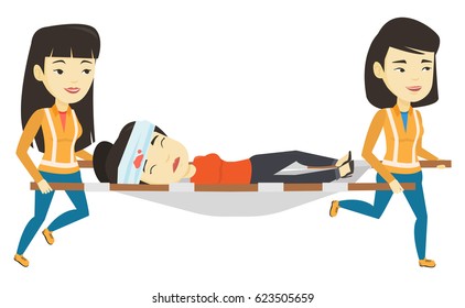 Asian emergency doctors transporting victim on the stretcher. Team of emergency doctors carrying injured young woman on medical stretcher. Vector flat design illustration isolated on white background.