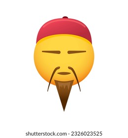 Asian emoticon with traditional look. Vector yellow smiley emoji with mustache, beard and hat