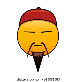 Asian emoticon with traditional look. Vector yellow smiley with mustache, beard and hat