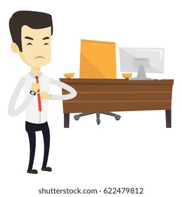 Asian employer checking time of coming of his latecomer employee. Angry employer pointing at time on wrist watch. Concept of late to work. Vector flat design illustration isolated on white background.