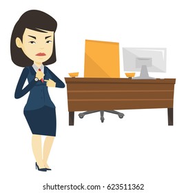 Asian employer checking time of coming of her latecomer employee. Angry employer pointing at time on wrist watch. Concept of late to work. Vector flat design illustration isolated on white background.