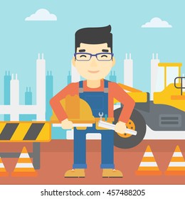An asian engineer with a blueprint at construction site. Man holding a twisted blueprint and hard hat. Man checking construction works. Vector flat design illustration. Square layout.
