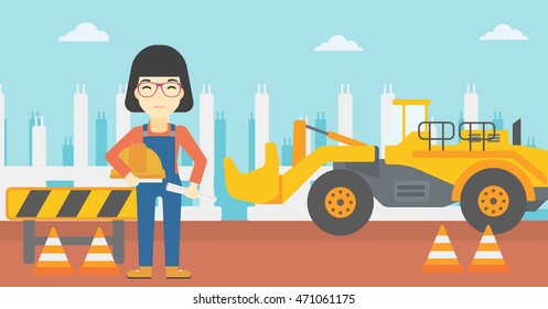 Ein asiatischer Ingenieur mit einem Plan am Baugelände. Frauen, die einen verdrehten Blueprint und einen harten Hut halten. Männerprüfung bei Bauarbeiten. Vektorflache Design-Illustration. Horizontales Layout.