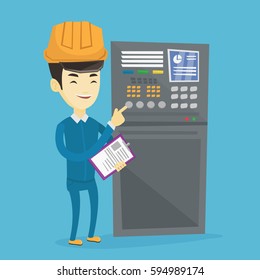 Asian engineer with clipboard standing in front of the control panel. Man working on control panel. Young worker pressing button at control panel. Vector flat design illustration. Square layout.