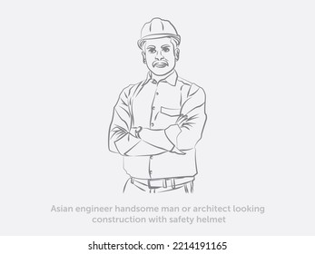 Ingeniero asiático hombre apuesto o arquitecto mirando la construcción con casco de seguridad