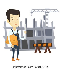Ingeniero asiático de pie con un modelo en construcción. Ingeniero con sombrero duro y planos. Ingeniero revisando trabajos de construcción. Ilustración de diseño plana de vectores aislada en fondo blanco
