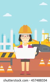 An asian engineer watching a blueprint at construction site. Woman with engineer blueprint. Engineer holding a blueprint. Vector flat design illustration. Vertical layout.