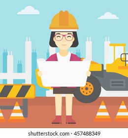 Ingeniero asiático observando un proyecto en el lugar de la construcción. Mujer con diseño de ingeniero. Ingeniero llevando un proyecto. Ilustración de diseño plana vectorial. Diseño cuadrado.