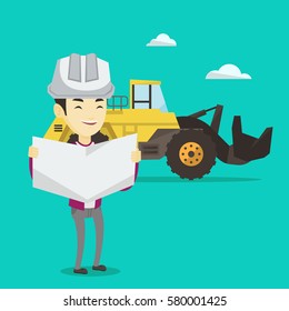 Asian engineer watching a blueprint at construction site. Engineer with blueprint standing on the background of excavator. Engineer holding a blueprint. Vector flat design illustration. Square layout.