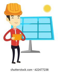 Asian engineer working on digital tablet at solar power plant. Engineer in hard hat using tablet computer while checking solar panel setup. Vector flat design illustration isolated on white background