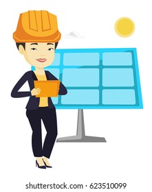 Ingeniero asiático trabajando en tableta digital en planta de energía solar. Ingeniería en sombrero duro usando computadora tablet mientras verifica la configuración del panel solar. Ilustración de diseño plana de vectores aislada en fondo blanco