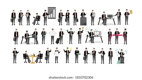 Asian entrepreneur. Rich successful businessman and profitable business illustration. Smart Asian entrepreneur, manager or company president in different office situation vector isolated set on white