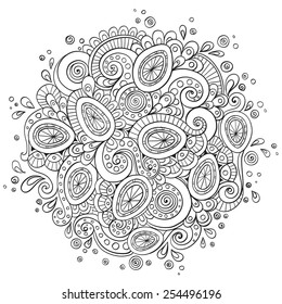 Asian ethnic floral retro doodle background pattern circle in vector. Henna paisley mehndi doodles design tribal design element. Black and white. Pattern With Egg Shape. Abstract Happy Easter Doodle.