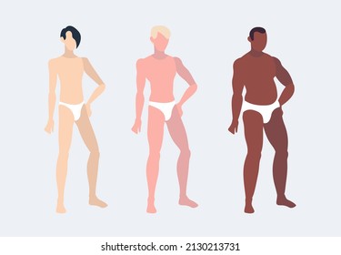 Asian, european and african men isolated on white background. Body types: ectomorph, mesomorph, endomorph. Vector illustration in flat cartoon style.