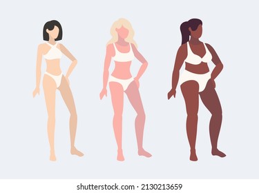 Asian, european and african women isolated on white background. Body types: ectomorph, mesomorph, endomorph. Vector illustration in flat cartoon style.