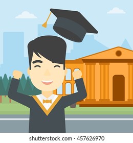 An asian excited graduate in cloak and graduation hat. Graduate throwing up his hat. Graduate celebrating on a background of educational building. Vector flat design illustration. Square layout.