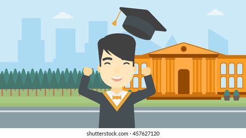 An asian excited graduate in cloak and graduation hat. Graduate throwing up his hat. Graduate celebrating on a background of educational building. Vector flat design illustration. Horizontal layout.