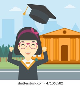 An asian excited graduate in cloak and graduation hat. Graduate throwing up her hat. Graduate celebrating on a background of educational building. Vector flat design illustration. Square layout.