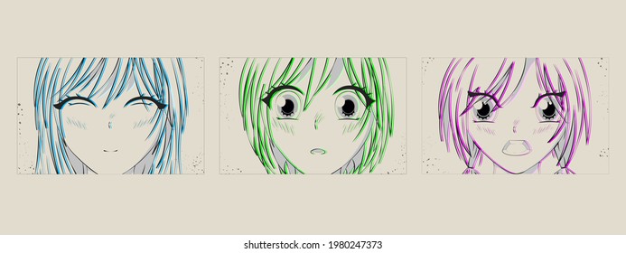 Asian Eyes look. Anime poster. Kawaii winking school girl face with big eyes in manga style. Pre-made prints. Every illustration is isolated