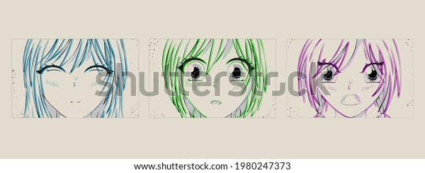 Asian Eyes look. Anime poster. Kawaii winking\
school girl face with big eyes in manga style. Pre-made prints.\
Every illustration is\
isolated