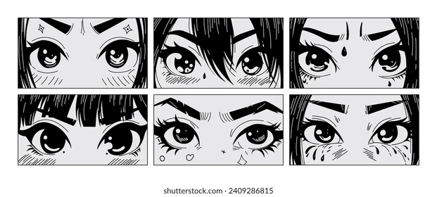 Los ojos asiáticos parecen de manga. Personajes cómicos de anime, dibujos animados a mano de japones coreanos rostros con diferentes emociones. Conjunto de dibujos animados