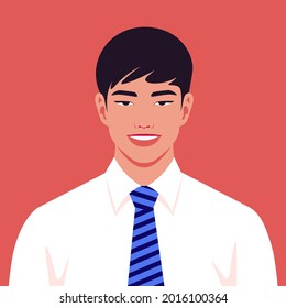 An Asian man’s face. An avatar of a happy businessman. A young politician smiles. Vector flat illustration