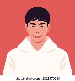 An Asian guy’s face. An avatar of a young businessman. A happy student. Vector flat illustration