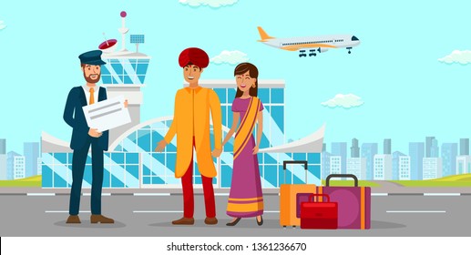 Asian Family At Airport Flat Color Illustration. Man In Turban And Woman In Sari Dress Cartoon Characters. Chauffeur Waiting For Indian Clients. Couple Trip, Travel, Overseas Vacation