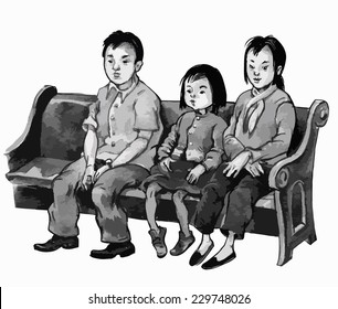 ASIAN Family attending  CHURCH Mass. Black and white illustration. Children illustration for School books, magazines, advertising and more. Separate Objects. VECTOR.