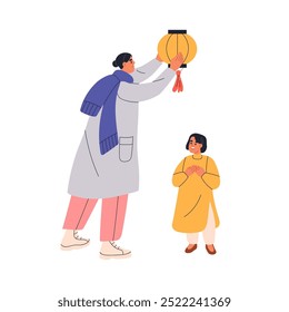 Asian family celebrating light festival with Chinese paper lantern. Mother and girl kid, CNY celebration outdoors with traditional festive lamp. Flat vector illustration isolated on white background